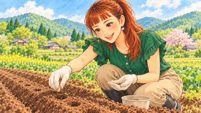 畑に直接オクラの種をまくAyaさん