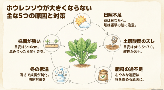 ホウレンソウが大きくならない主な5つの原因と対策