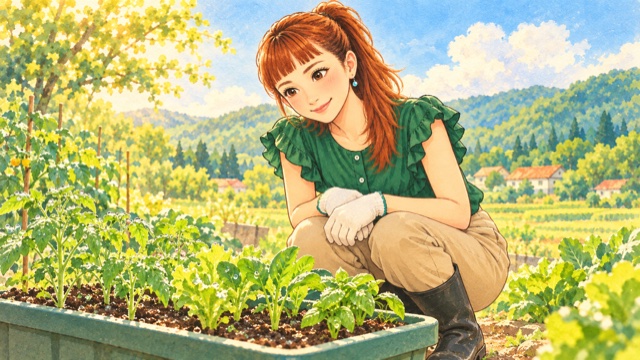 プランターの苗を見守るAyaさん