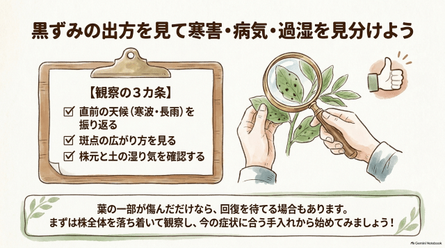 黒ずみの出方を見て寒害・病気・過湿を見分けよう