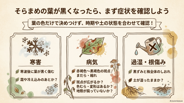 そらまめの葉が黒くなったら、まず症状を確認しよう