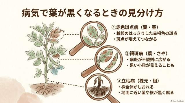 病気で葉が黒くなるときの見分け方
