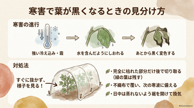 寒害で葉が黒くなるときの見分け方